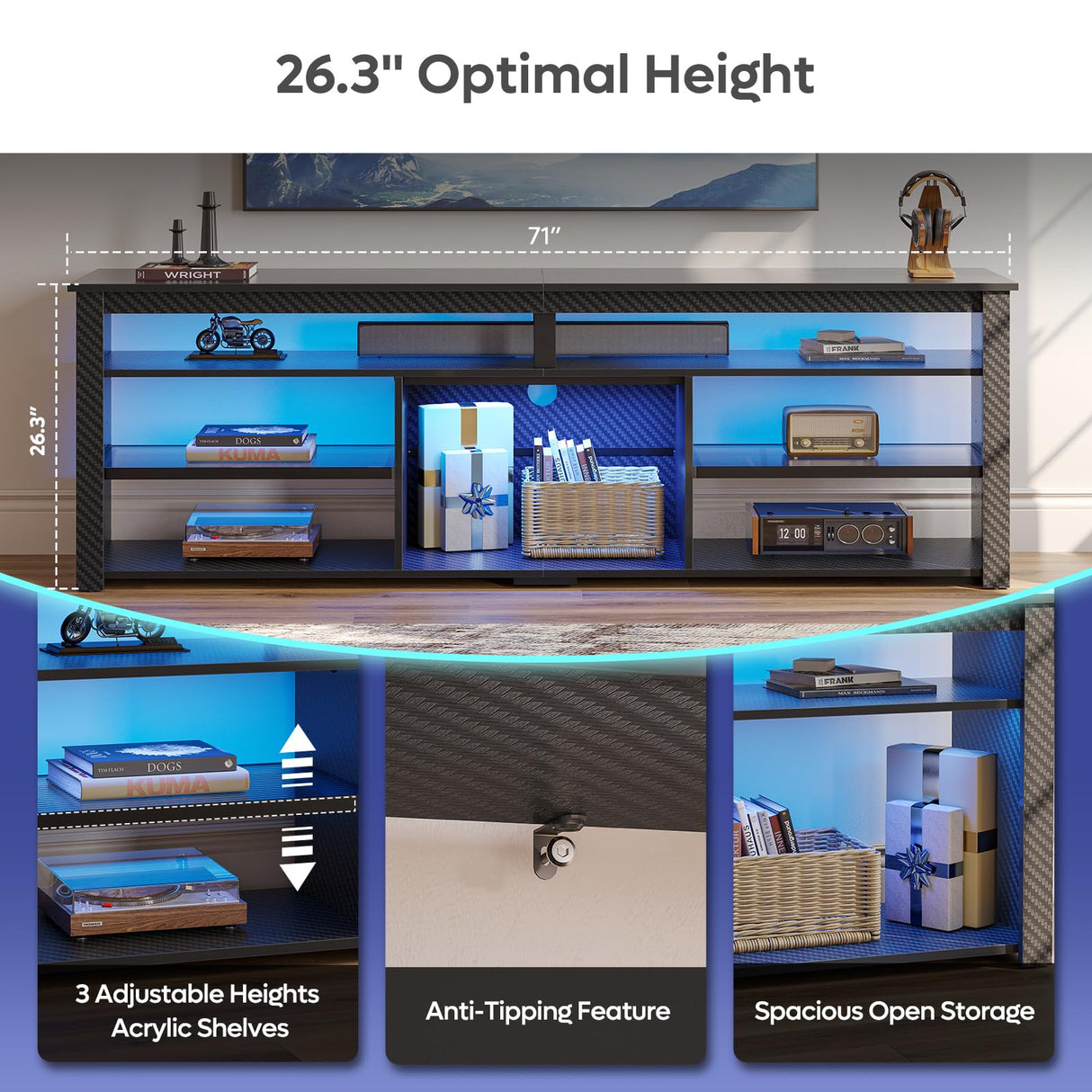 Bestier Tall TV Stand for 75 inch TV, LED Entertainment Center, Gaming TV Console with Storage for PS5, Modern TV Cabinet for Bedroom, Living Room, Black Carbon Fiber Bestier