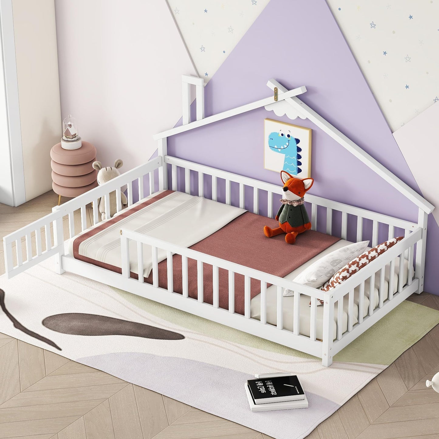 Harper & Bright Designs White Twin Montessori Floor Bed Frame with House-Shaped Roof and Guardrails - WoodArtSupply