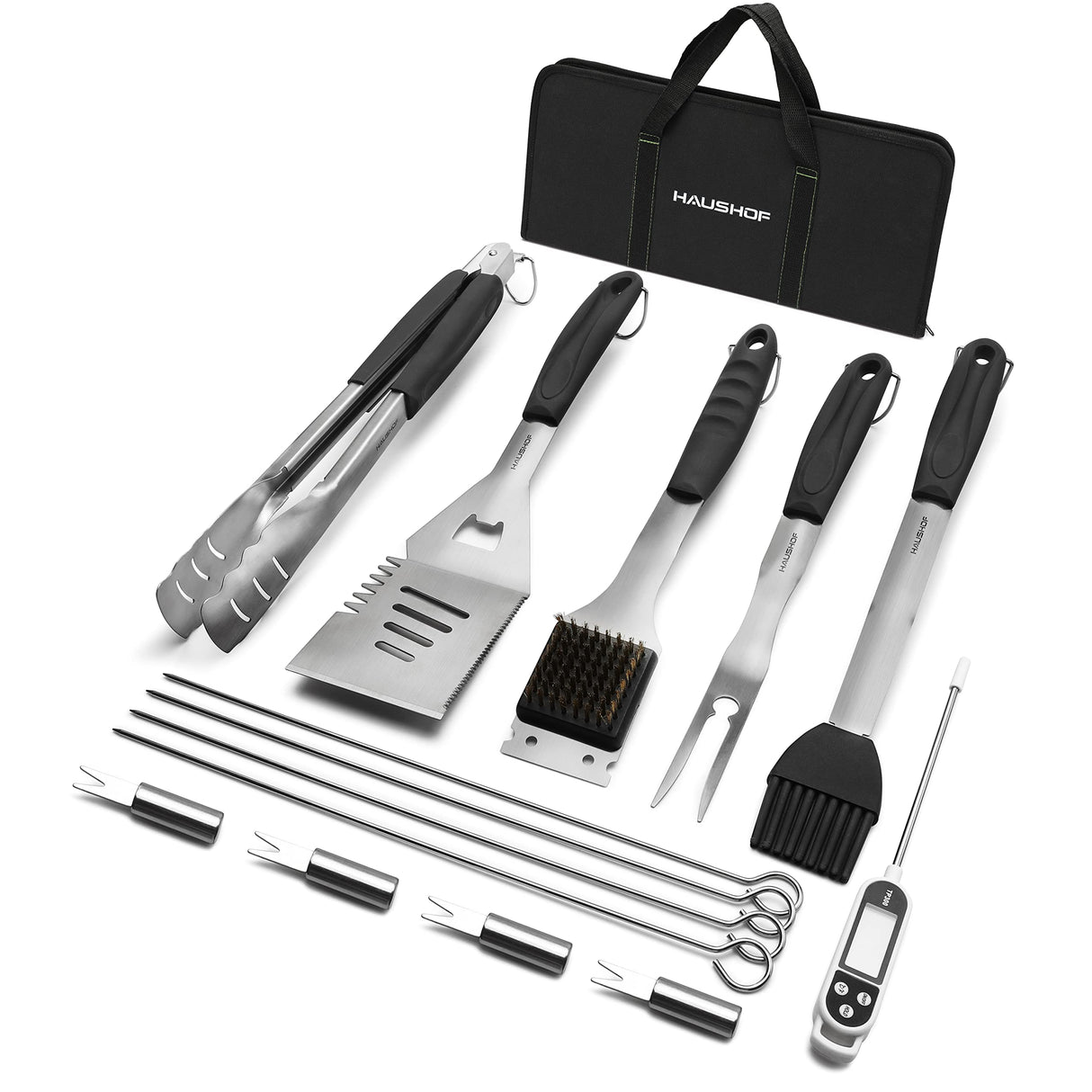 HAUSHOF Large Grilling Accessories, BBQ Grill Set, Heavy Duty Stainless Steel Barbecue Utensils with 16-1/2" Spatula, Brush, Fork, Tongs, Skewers, Thermometer, Bag, Ideal Gift, 15PCS HAUSHOF