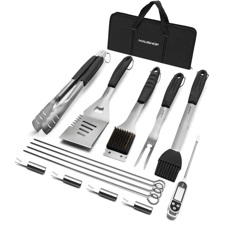 HAUSHOF Large Grilling Accessories, BBQ Grill Set, Heavy Duty Stainless Steel Barbecue Utensils with 16-1/2" Spatula, Brush, Fork, Tongs, Skewers, Thermometer, Bag, Ideal Gift, 15PCS HAUSHOF