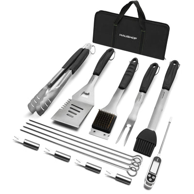 HAUSHOF Large Grilling Accessories, BBQ Grill Set, Heavy Duty Stainless Steel Barbecue Utensils with 16-1/2" Spatula, Brush, Fork, Tongs, Skewers, Thermometer, Bag, Ideal Gift, 15PCS