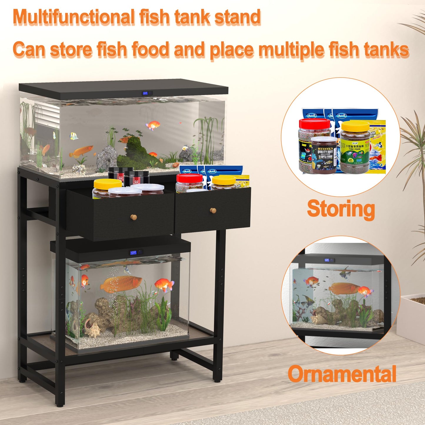 5-20 Gallon Fish Tank Stand with Comes with 2 Storage Boxes, 3 Tiers Heavy Duty Metal Aquarium Stand, Breeder Tank Turtle Reptile Terrariums Stand Rack,Wood