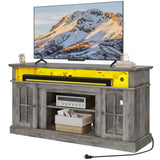 DWVO Farmhouse Television Stand for 75 Inch TV w/Outlets, LED Modern Entertainment Center with Glass Doors and Adjustable Storage Shelves, Media Console TV Cabinet for Living Room, Grey DWVO