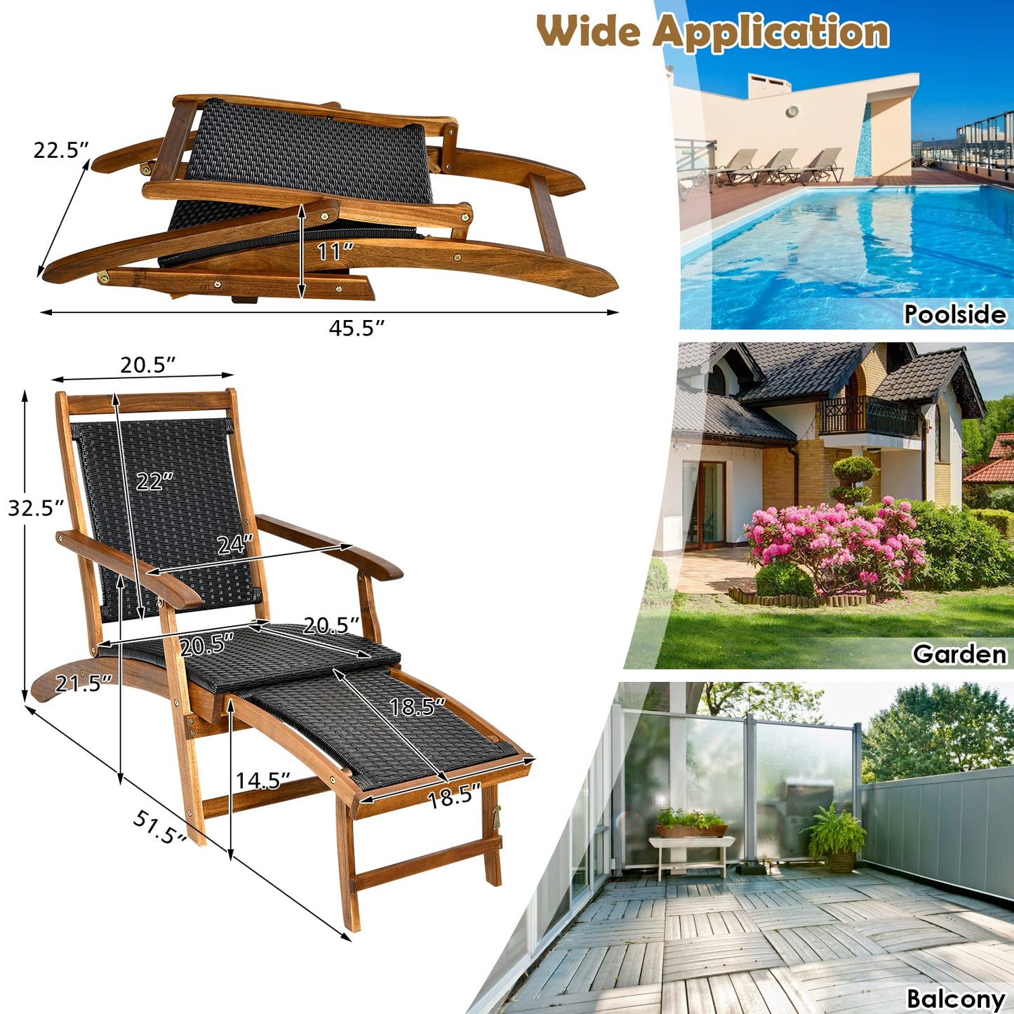 RELAX4LIFE Patio Chaise Lounge Chair - Acacia Wood Folding Rattan Wicker Chair w/Retractable Footrest, Space-Saving Ergonomic Deck Chair for Garden, Poolside, Patio