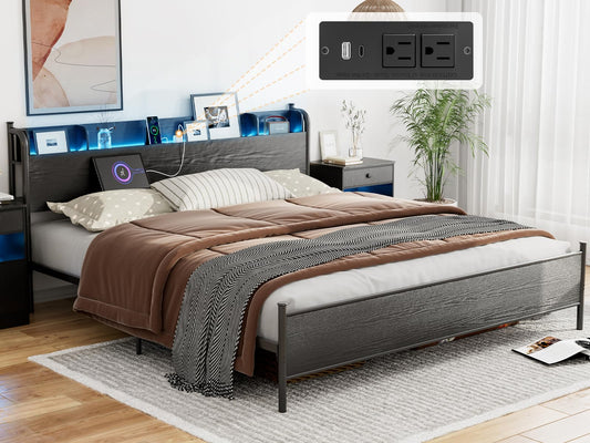 AOVSA Black California King Bed Frame with LED Storage Headboard and Charging Station - WoodArtSupply