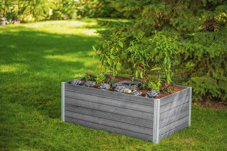 Vita Urbana 3 Foot x 5 Foot Embossed Vinyl Keyhole Garden with Composting Basket, Slate Grey, Gray, PVC, BPA and Pthalate Free, Woodgrain, VT17602 Vita