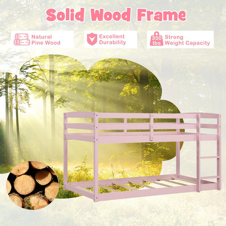 KOMFOTT Low Bunk Bed Twin Over Twin, Solid Wood Bunk Bed Frame with Built-in Ladder & Safety Guardrails, Space-Saving Low Bunk Bed for Kids, Teens, No Box Spring Needed KOMFOTT