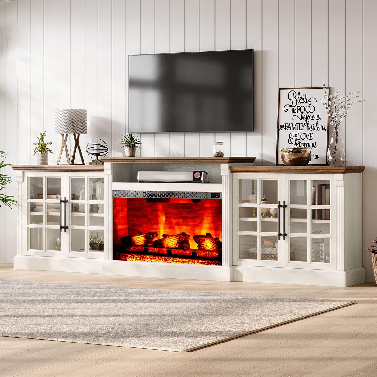 LUXOAK 97" Farmhouse TV Stand with 33" Fireplace for TVs up to 100", Media Entertainment Center with Large Storage Cabinet Adjustable Shelves for Living Room, White/Barnwood LUXOAK