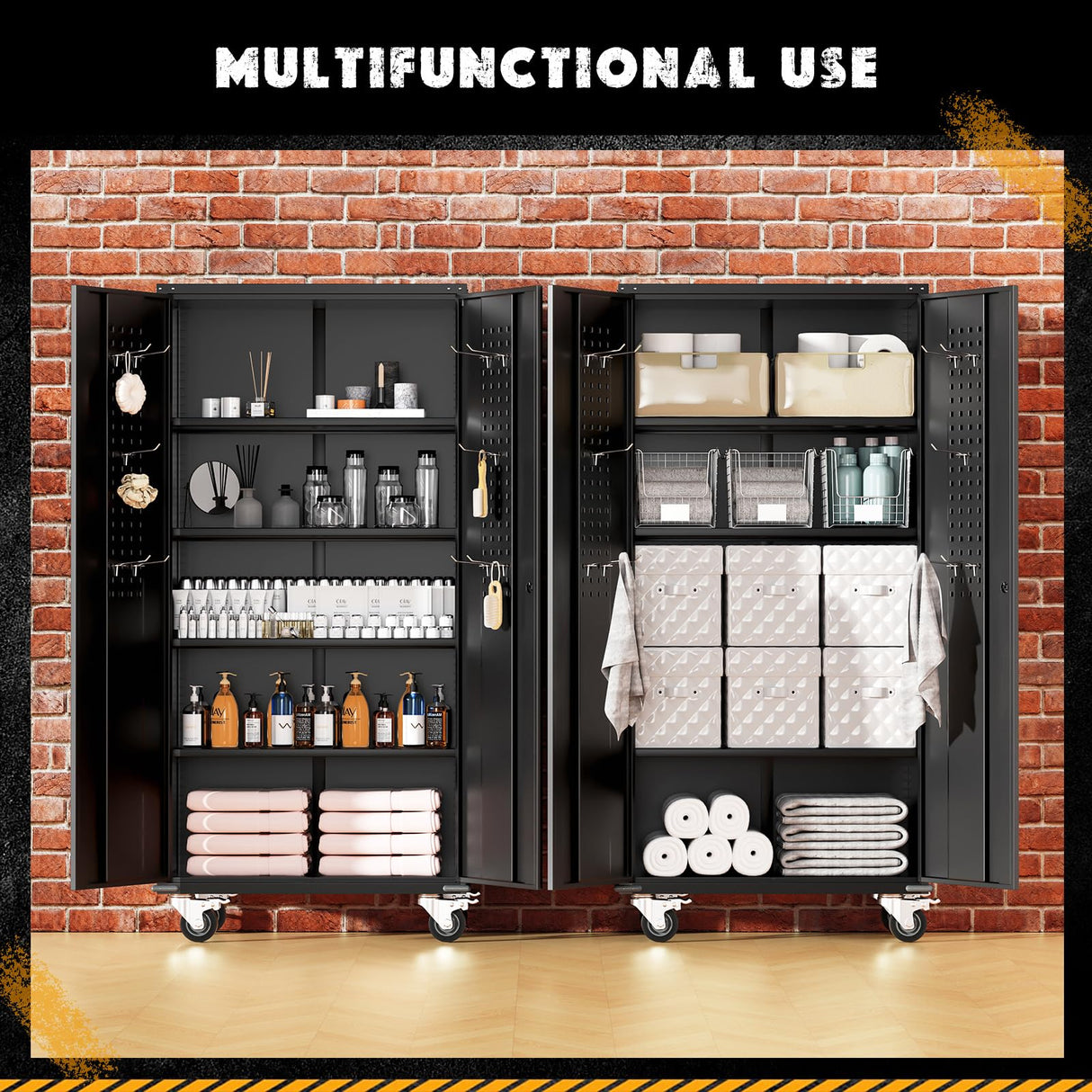Greenvelly 72" Metal Storage Cabinet with Wheel and Pegboard, Lockable Black Metal Garage Cabinets with 2 Doors and 4 Adjustable Shelves, Rolling Steel Tool Cabinet for Garage, Home Office, School Greenvelly