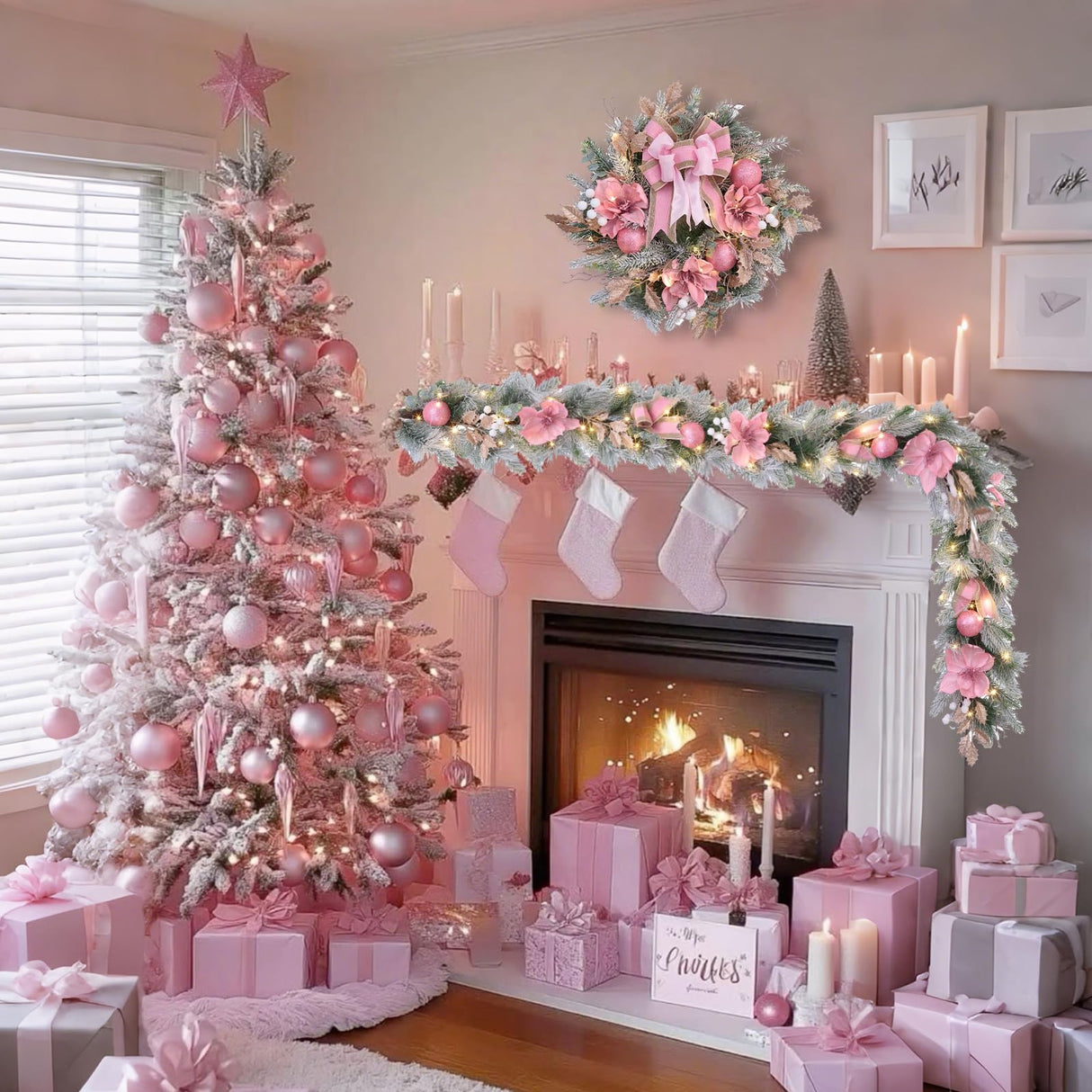 22inch Christmas Pink Wreath for Front Door with 30 LED Lights,Elegant Magnolia Christmas Door Wreath,Festive Holiday Decor, Frosted Winter Pink Decorations for Wedding Vofuly