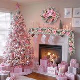 22inch Christmas Pink Wreath for Front Door with 30 LED Lights,Elegant Magnolia Christmas Door Wreath,Festive Holiday Decor, Frosted Winter Pink Decorations for Wedding Vofuly