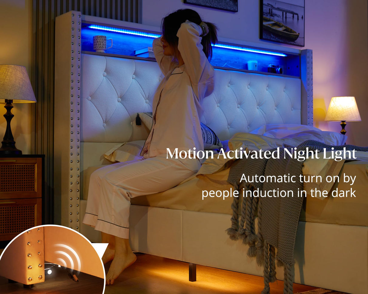 Jocisland King Size Bed Frame 53.6'' Tall Headboard LED Lights and Charging Station, Velvet Hign Upholstered Platform Bed Wingback Storage, No Box Spring Needed, Motion Activated Light, Cream Jocisland