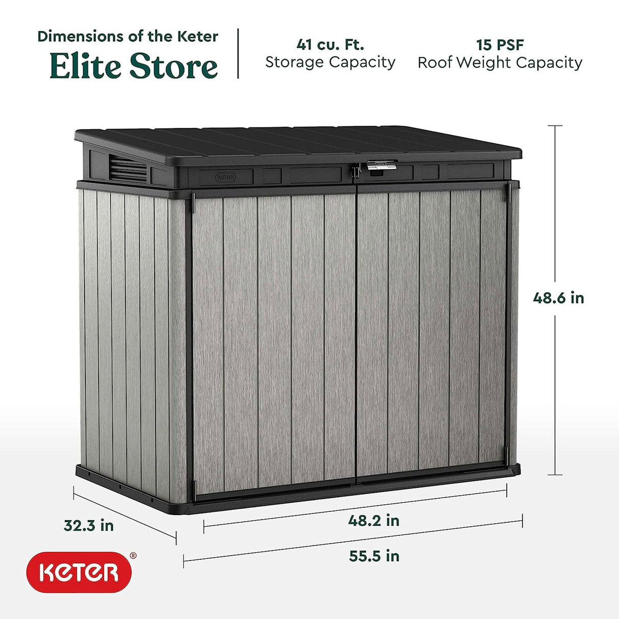 Keter Elite Store Outdoor Storage Shed, 4.6x2.7 Ft, All-Weather, Lockable Doors, Built-in Ventilation, Lid-to-Bin Kit, & Soft Close Mechanism, Grey Keter