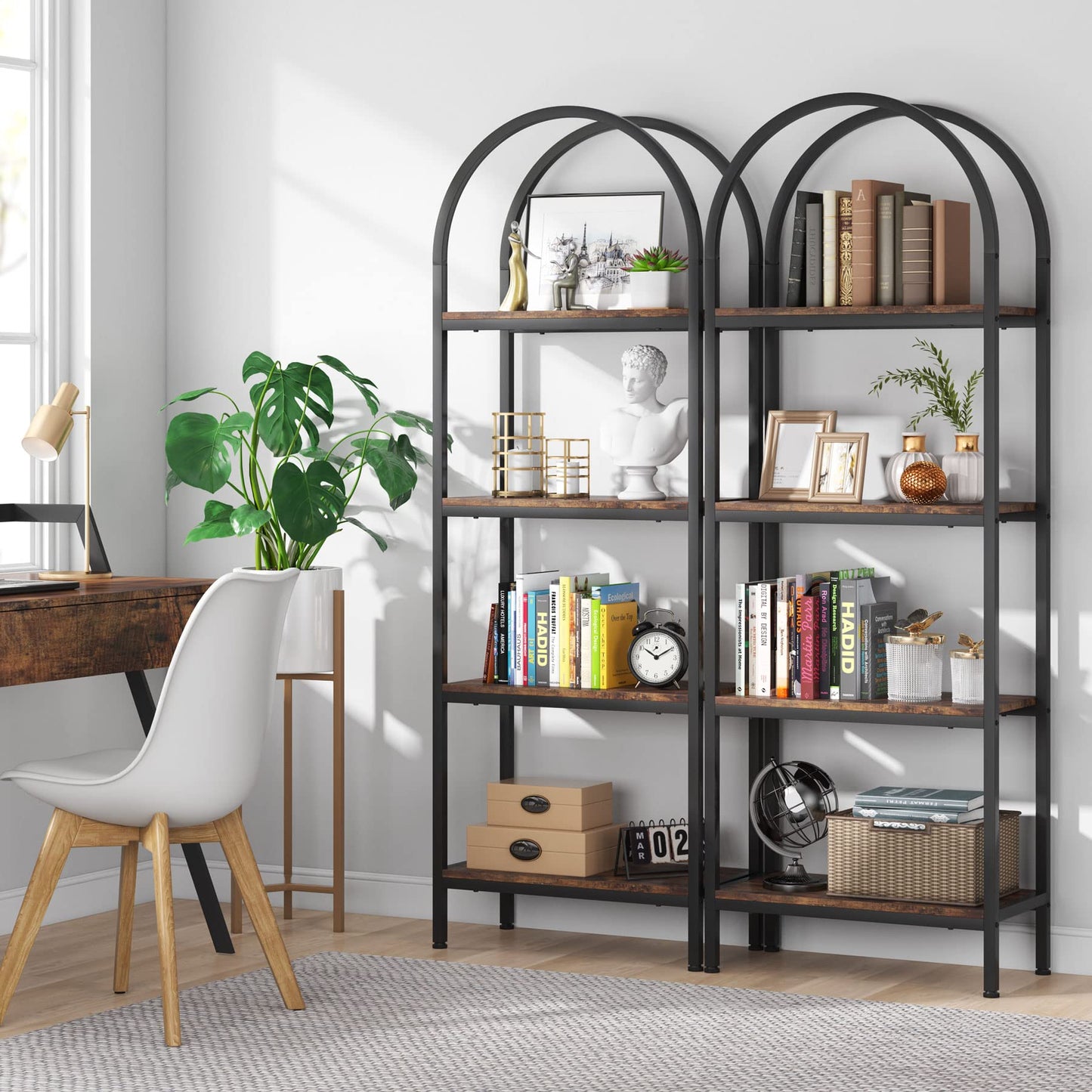 Tribesigns Industrial Arched 4-Tier Open Bookshelf in Rustic Brown - Versatile Storage and Display Rack for Home or Office - WoodArtSupply