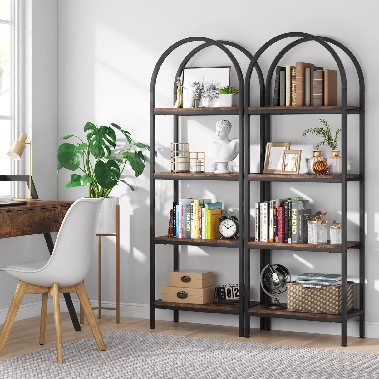 Tribesigns 4-Tier Industrial Arched Bookshelf in Rustic Brown - Freestanding Metal Frame Storage Rack Tribesigns