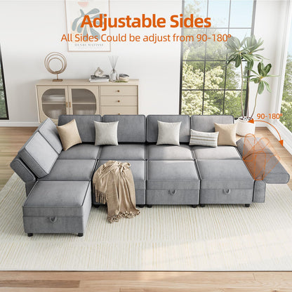 139.4" Chenille Reversible Sectional Sofa with Storage Seats & Ottomans, 9-Seater Modular Sectional Sofa, Comfy Sectional Sleeper Sofa Couch with Chaise, U-Shape Modular Couch, Grey