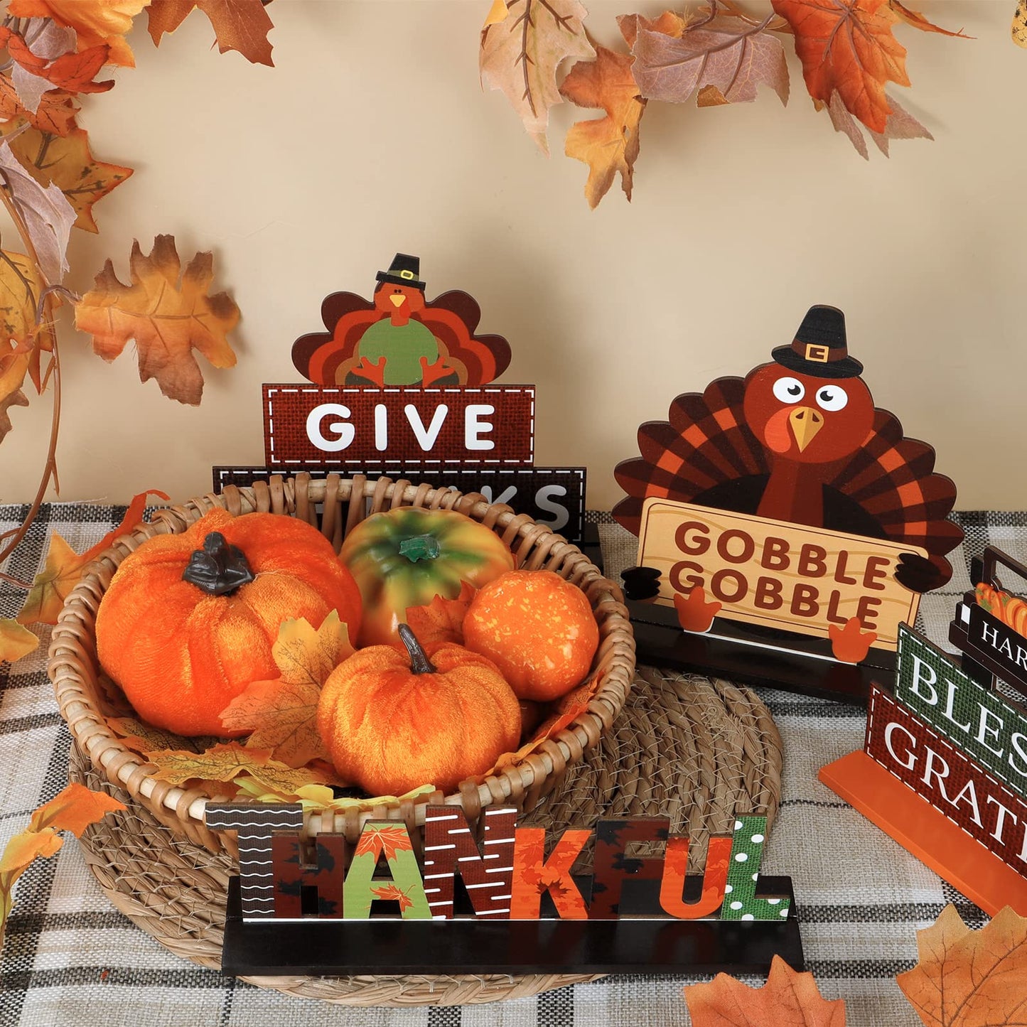 Thanksgiving Centerpieces for Tables Decorations, 4 Pack Wooden Pumpkin Turkey Thankful Blessed Decorative Signs, Harvest Autumn Fall Decor for Home Indoor Party Farmhouse Office Desk Firepla - WoodArtSupply