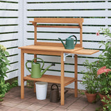 Outdoor Garden Potting Bench Table, Wooden Horticulture Planting Worstation with Metal Tabletop, 2 Drawers, Storage Shelf, 3 Hooks, Natural Wood (115 * 45.5 * 130CM) Generic