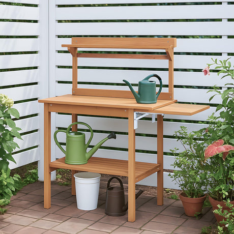 Outdoor Garden Potting Bench Table, Wooden Horticulture Planting Worstation with Metal Tabletop, 2 Drawers, Storage Shelf, 3 Hooks, Natural Wood (115 * 45.5 * 130CM) Generic