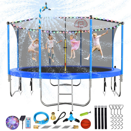 Lyromix Upgraded 12FT Trampoline with Lights, Large Outdoor Trampoline with Sprinkler,Basketball Hoop and Net, Capacity for 5-8 Kids and Adults, Cobalt Blue Lyromix