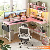 Aheaplus L Shaped Gaming Desk with Power Outlets & LED Lights, Small L- Shaped Desk Computer Corner Desk with Monitor Stand & Storage Shelf, Home Office Desk Writing Desk with Storage Bag, Pink Aheaplus