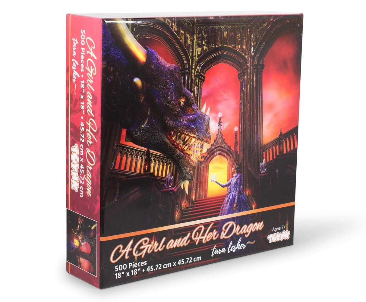 A Girl & Her Dragon Puzzle By Tara Lesher | Fairytale Castle 500 Piece Jigsaw Puzzle For Adults And Kids | Interactive Brain Teaser for Family Game Night | 18 x 18 Inches Toynk