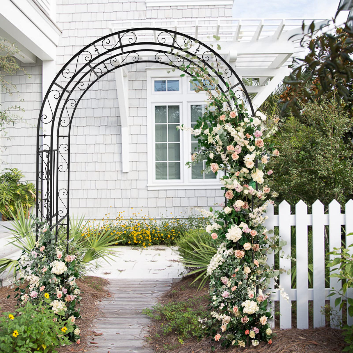 WISLAS 7FT Heavy Duty Steel Garden Arbor with Side Garden Trellis, Rust-Resistant Powder Coated Wedding Arch Archway for Backyard, Vine Plants & Outdoor Decor - Includes Ground Stakes & Easy Assembly WISLAS