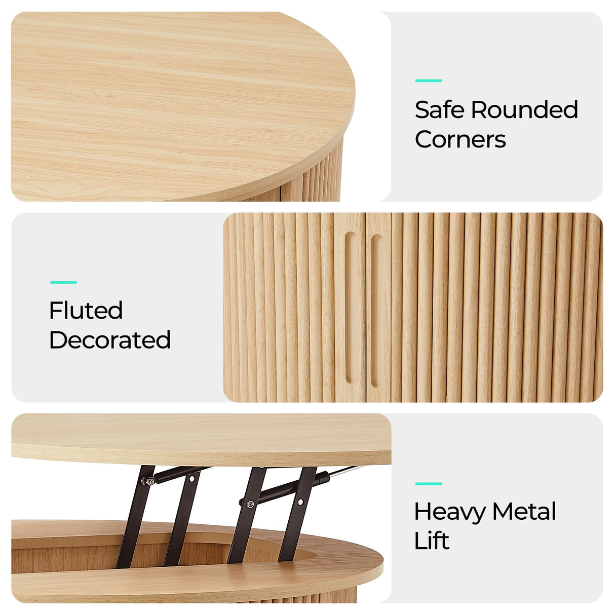 LINSY Lift Top Coffee Table, Round Fluted Coffee Table with Storage, Boho Wooden Coffee Tables with Sliding Tambour Door, 31.5" Center Table for Living Room, Office, Small Space, Natural Oak LINSY