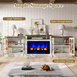 LUXOAK 97" Farmhouse TV Stand with 33" Fireplace for TVs up to 100", Media Entertainment Center with Large Storage Cabinet Adjustable Shelves for Living Room, White/Barnwood LUXOAK