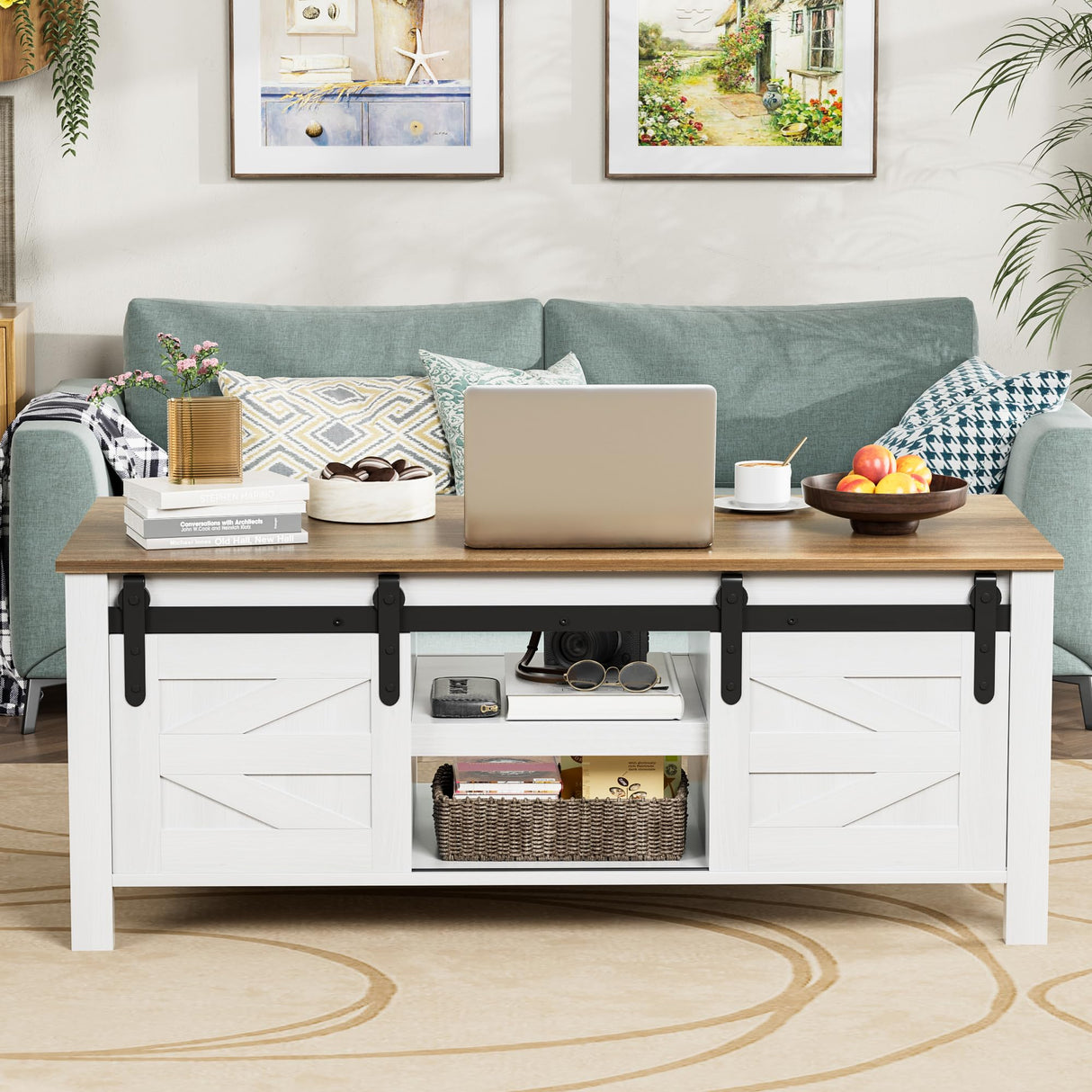 JUMMICO Farmhouse Coffee Table with Storage & Sliding Barn Doors, Modern Rustic Living Room Table with Adjustable Shelves, Wooden Rustic Center Table for Living Room (Antique White) JUMMICO