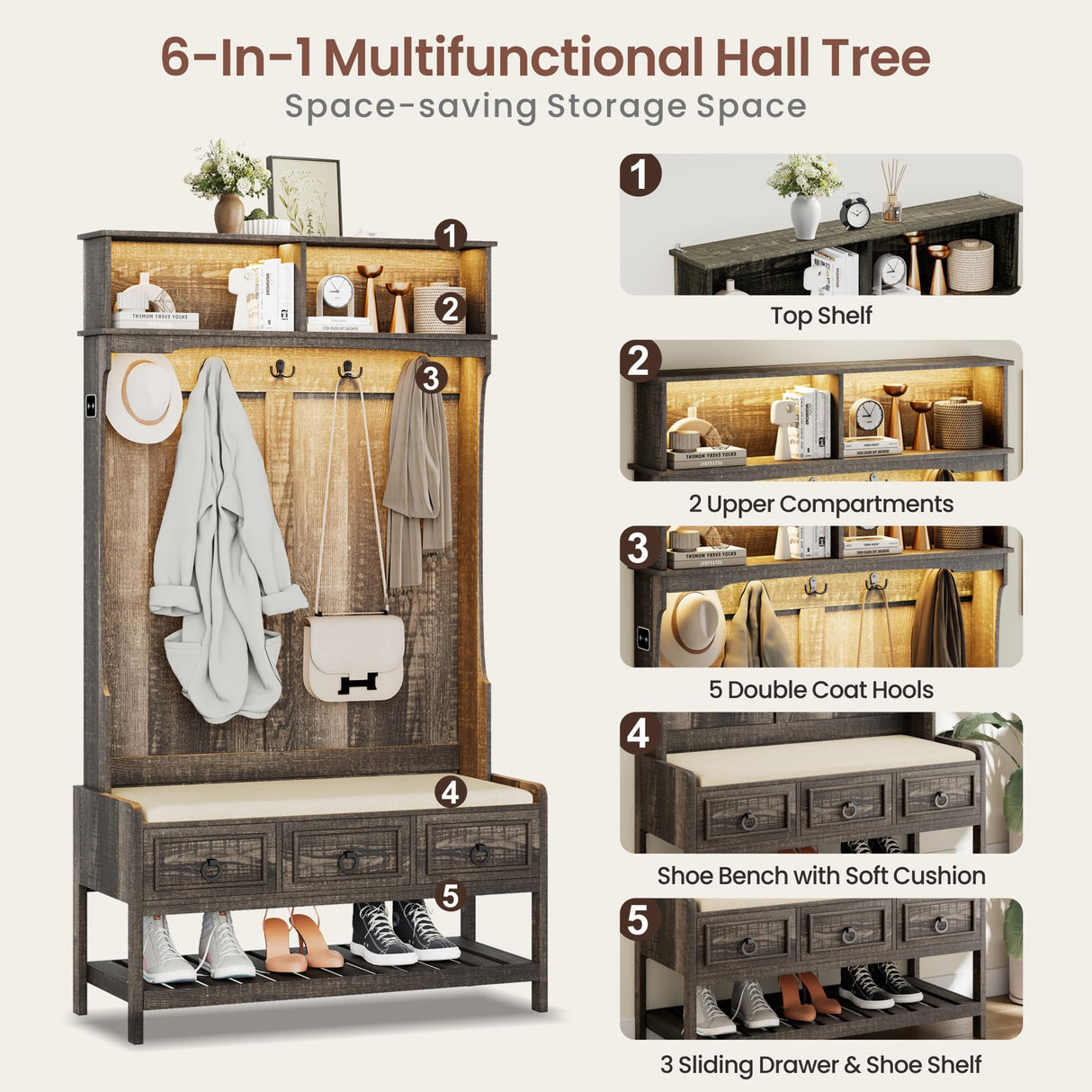 MDGC Farmhouse Hall Tree with Cushioned Bench and Shoe Storage for Mudroom, Hallway, Living Room,4-in-1 Entryway Bench with LED Lights,Motion Sensor,Coat Rack and 3 Drawers,Dark Rustic Oak MDGC