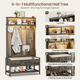 MDGC Farmhouse Hall Tree with Cushioned Bench and Shoe Storage for Mudroom, Hallway, Living Room,4-in-1 Entryway Bench with LED Lights,Motion Sensor,Coat Rack and 3 Drawers,Dark Rustic Oak MDGC