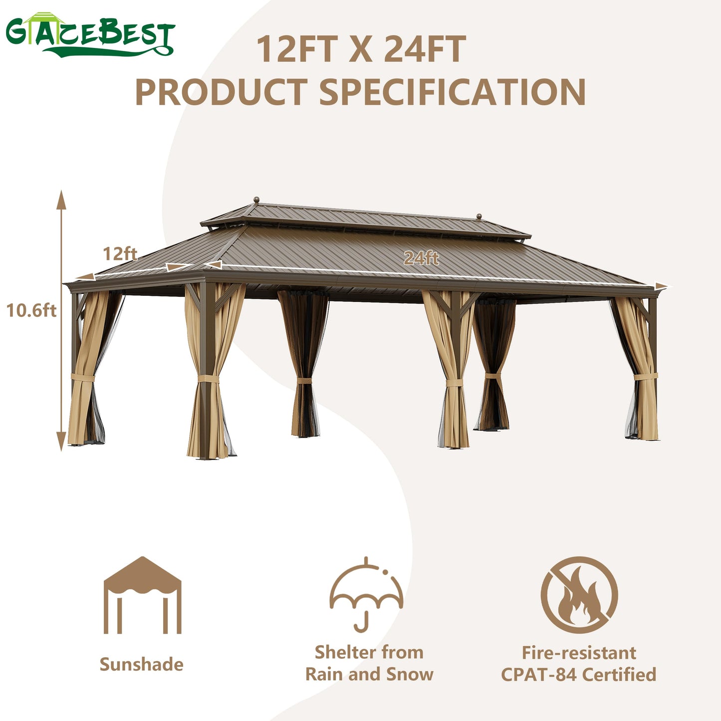 12'x24' Hardtop Gazebo Outdoor Aluminum Patio Gazebo Double Roof Galvanized Steel Gazebo Canopy with Netting and Curtains,for Garden Patio,Patio Backyard,Deck and Lawns