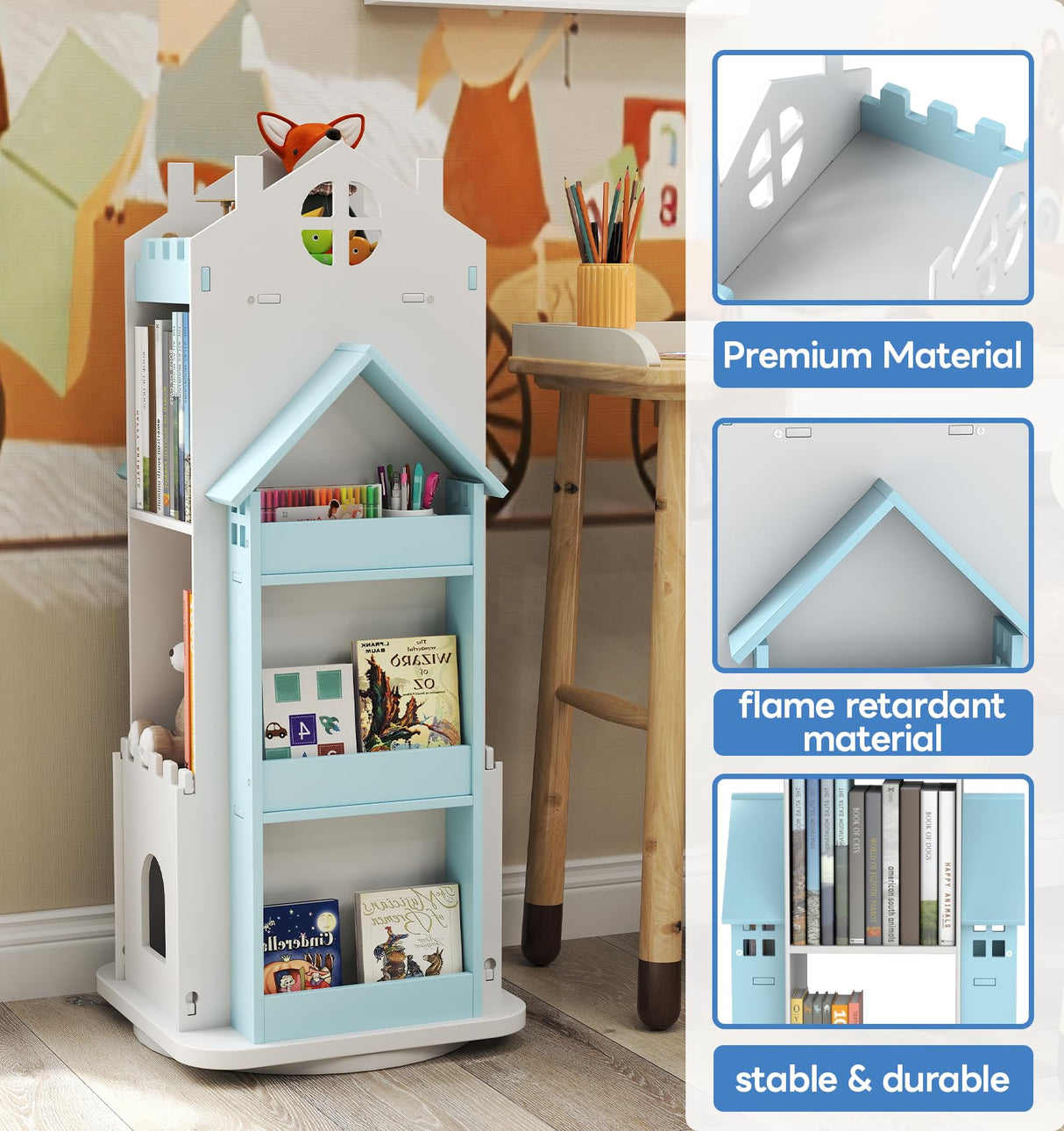 Suuiwau 360° Rotating Bookshelf Kids,Blue Revolving Bookcase 3-Tier Spinning Dollhouse Bookshelf Floor Standing Book Storage Organizer for Children's Room Suuiwau