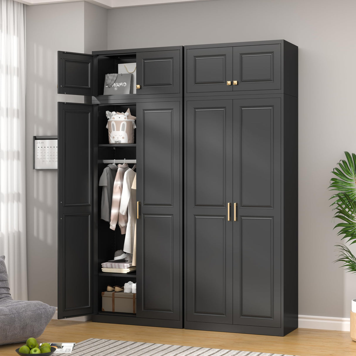 TIMELESS PIECES 86" Metal Wardrobe Cabinets,Black Armoire Wardrobe Closet with Hanging Rod,Clothes Storage Cabinet with Adjustable Shelves and Doors,Clothing Cabinet for Bedroom,Laundry Room TIMELESS PIECES