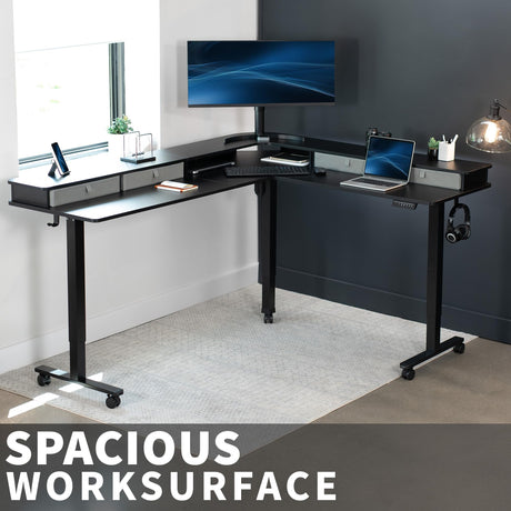 VIVO Electric 2-Tier Height Adjustable 75 x 63 inch Stand Up Corner Desk, L-Shaped Mobile Table with Memory Controller, Black Table Top, Black Frame, Dark Gray Storage Drawers, DESK-E3CVB-75 VIVO