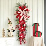 36 Inch Pre-Lit Christmas Teardrop Swag, Soomeir Winter Holiday Swags Wreaths with Red Velvet Glitter Stripe Ribbon, Red Berries for Front Door, Wall Window Fireplace Mailbox Artificial Decor Soomeir