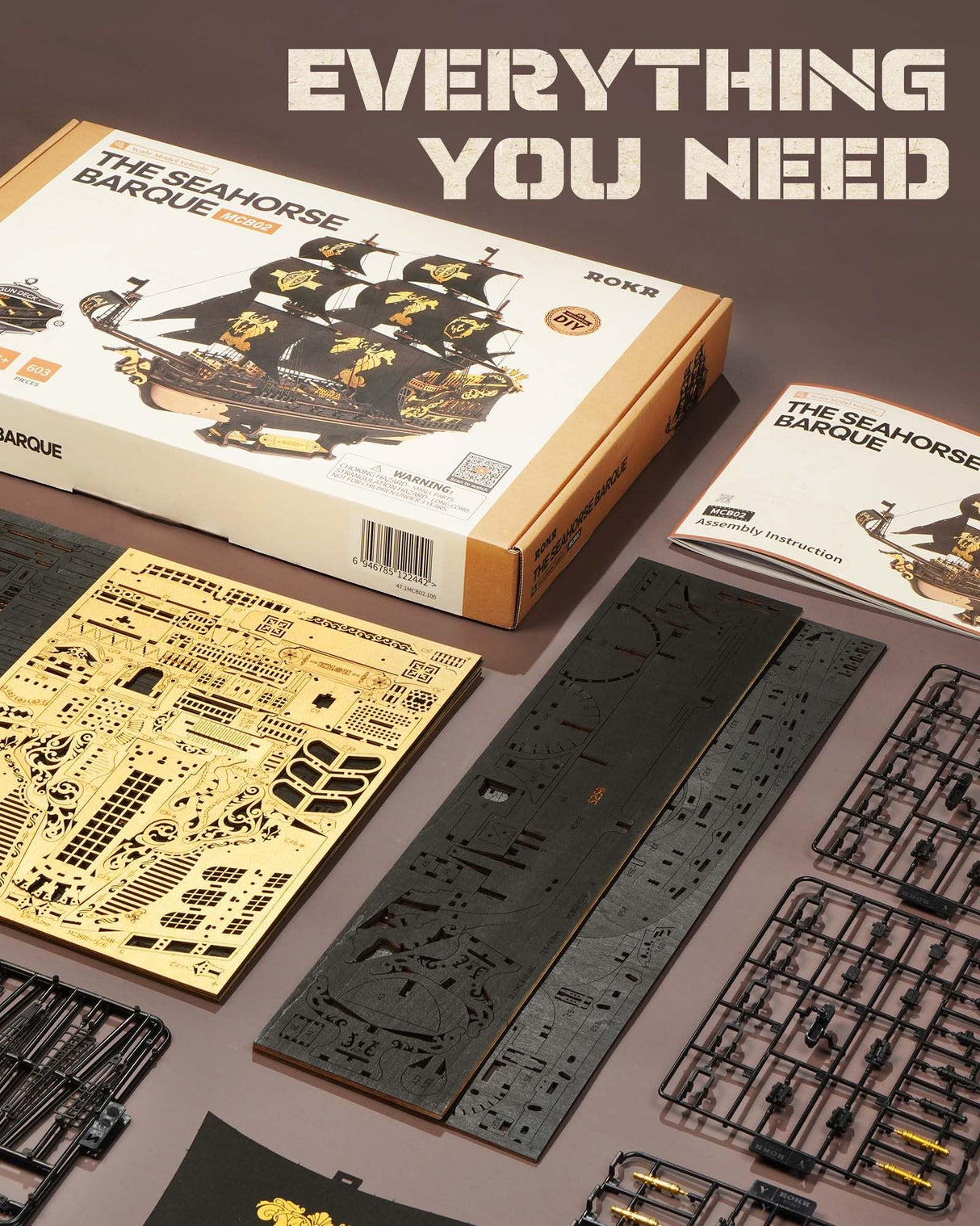 ROKR Seahorse Barque 3D Wooden Puzzle for Adult - Sailboat Model Kit, 603-Piece DIY Assembly, 1:100 Scale Sailboat MCB02 ROKR