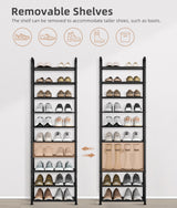 STORAGE MANIAC 10-Tier Tall Shoe Rack, 20 Pairs Narrow Slim Shoe Shelf, Metal Frame Shoes Stand for Small Space, Space-Saving Shoes Organizer, Vertical Shoes Tower for Garage, Entryway, Closet, Dorm STORAGE MANIAC