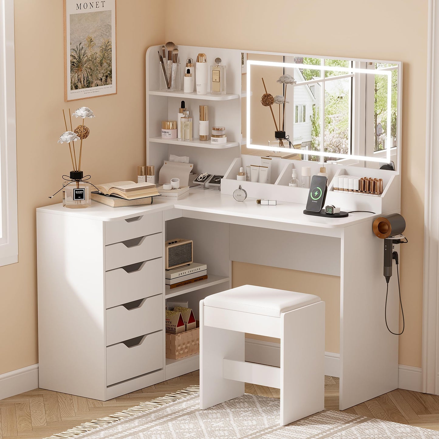 YESHOMY Vanity Desk with Lights and Mirror, L Shaped Makeup Table with Stool, Dresser with Hairdryer Holder and Power Outlet, Adjustable 3 Lighting Modes, 5 Drawers and Open Storage Shelves, Ivory