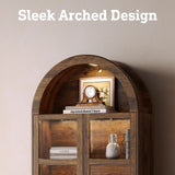 STO'SENSE 73" Tall Arched Bookshelf with LED Lights,4-Tier Modern Farmhouse Arched Bookcase with Glass Doors and Shelves,Wooden Display Cabinet with 2 Drawers for Living Room, Dining Room (Walnut) STO'SENSE
