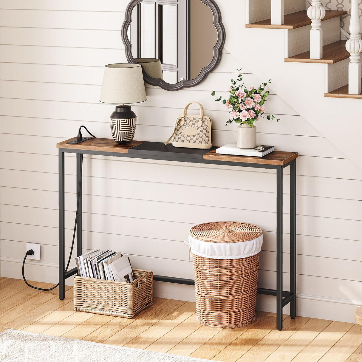 HOOBRO Narrow Console Table with Power Outlets, 44.9-Inch Sofa Table, Slim Behind Couch Table, Entryway Display Shelf, for Living Room, Foyer, Hallway, Rustic Brown and Black BF114UXG01 HOOBRO