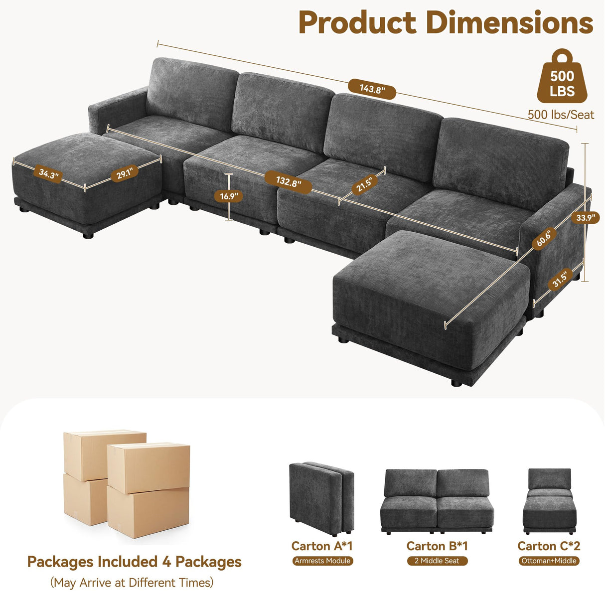 CACFTII 143.8" Modular Sectional Sofa Modern Chenille U-Shaped Couch with Thickened Seat Cushions, Easy Assembly, Upholstered 6 Seater Couch with 2 Movable Ottomans for Living Room, Grey CACFTII