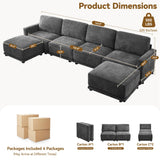 CACFTII 143.8" Modular Sectional Sofa Modern Chenille U-Shaped Couch with Thickened Seat Cushions, Easy Assembly, Upholstered 6 Seater Couch with 2 Movable Ottomans for Living Room, Grey CACFTII
