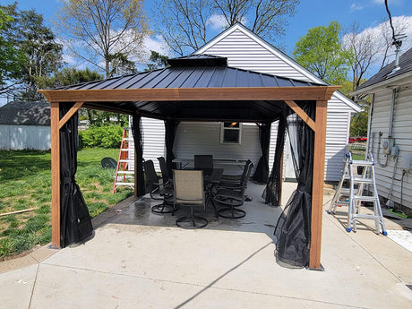 PURPLE LEAF 12' X 18' Outdoor Hardtop Gazebo for Patio Galvanized Steel Double Roof Permanent Canopy Teak Finish Coated Aluminum Frame Pavilion Gazebo with Netting PURPLE LEAF