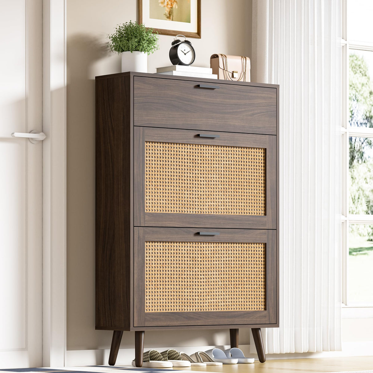 Shoe Cabinet Storage for Entryway, Narrow Shoe Cabinet with 2 Flip Drawers and Hidden Cabinet, Rattan Shoe Cabinet for Entryway, Hallway, Entrance, HOMBCK