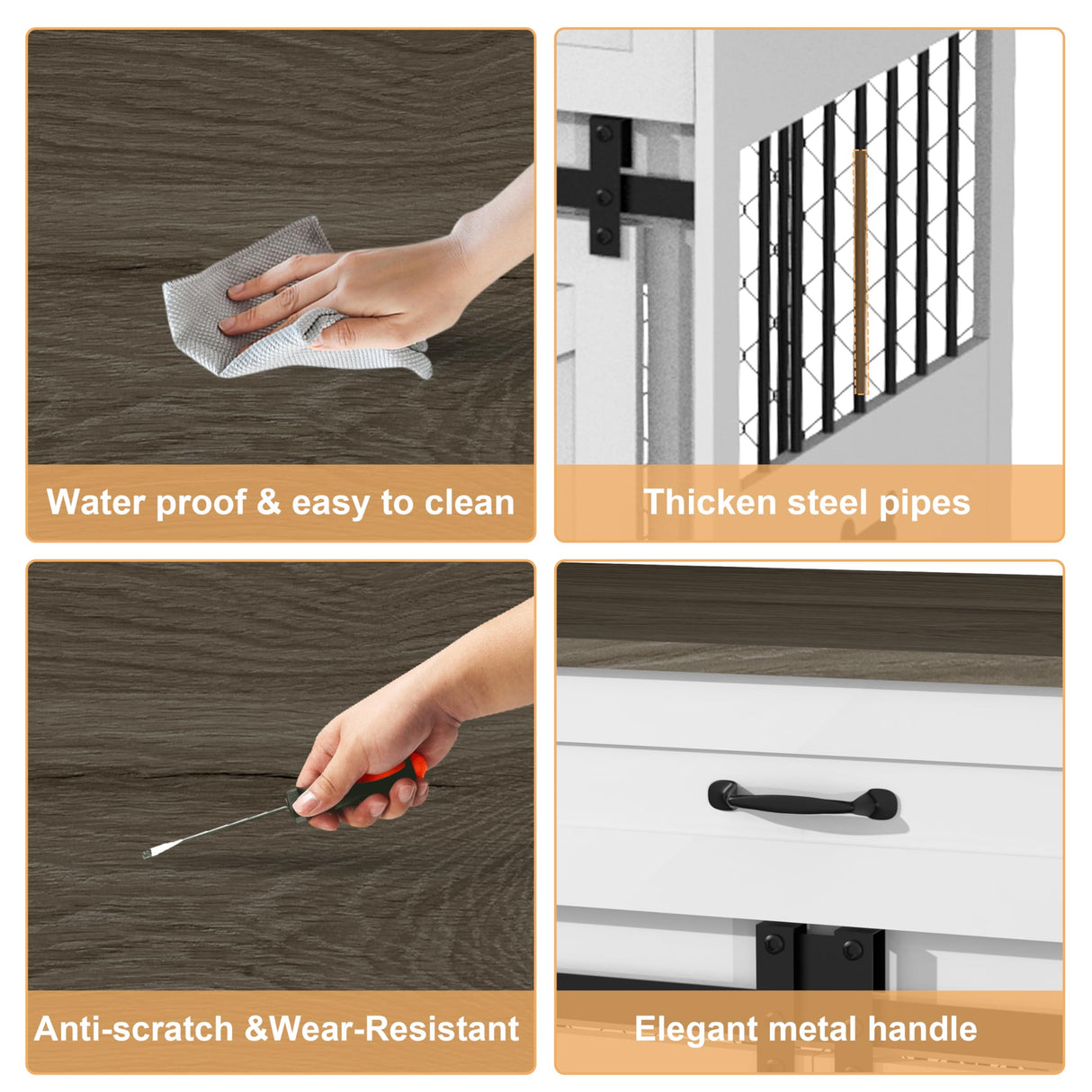 RQZ 65" Double Dog Crate Furniture for 2 Dogs Heavy Duty Wood Dog Cage Table with 3 Storage Drawers and 4 Stainless Steel Bowls Dog Kennel Indoor for Medium Large Dogs RQZ