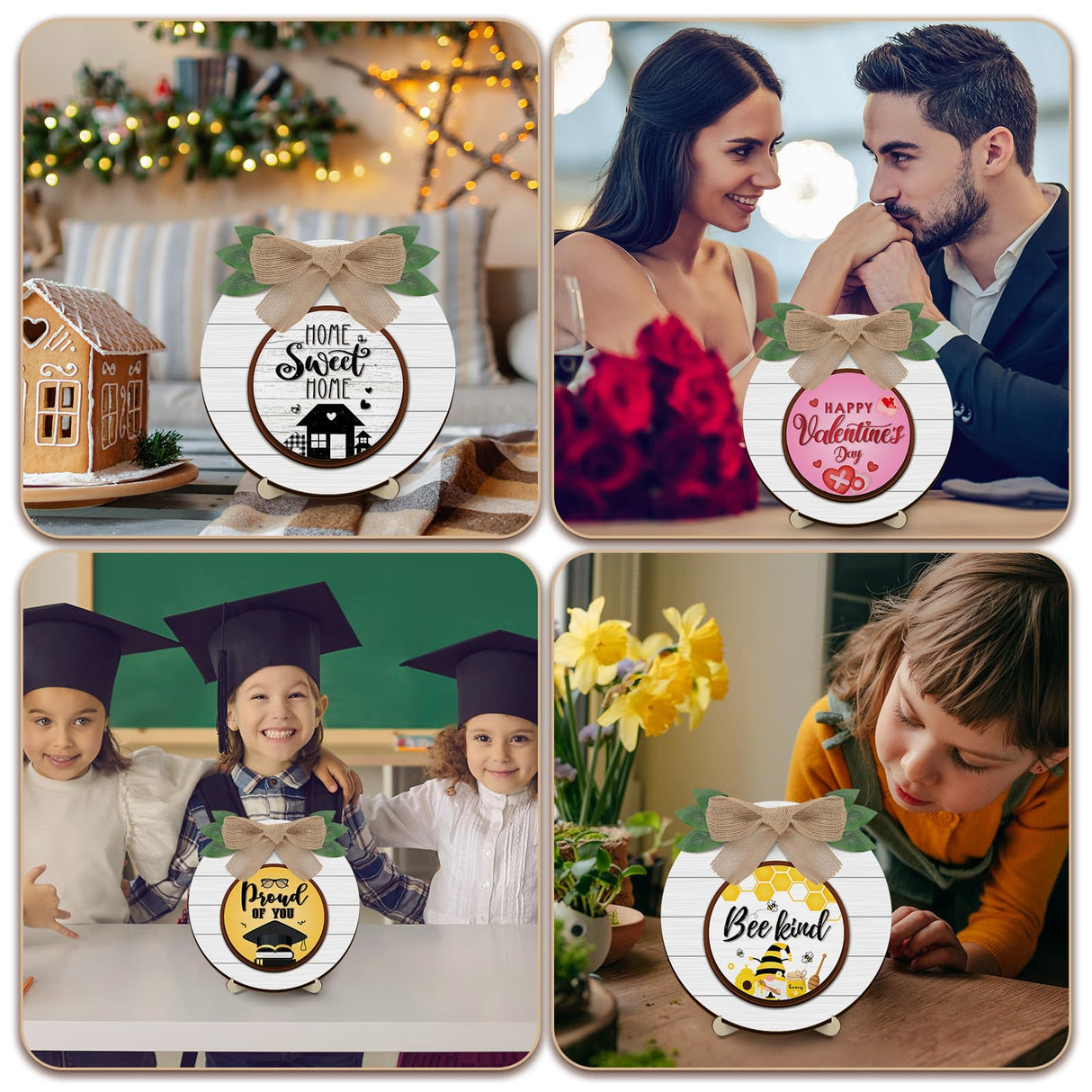 Geetery 17 Pieces Christmas Interchangeable Season Sign DIY Holiday Icons Decor with Wooden Easel Round Home Decorative with 15 Seasonal Icons Holiday Sign Set for Tabletop Fireplace Porch Decoration Geetery