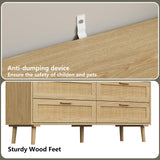 Furniouse 6 Drawer Double Dresser for Bedroom, 47.3" Rattan Chest of Dressers with Storage and Gold Handle, Natural Rattan Dresser for Living Room, Hallway, Entryway Furniouse