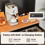 ELYKEN 71" Pantry Cabinet with Charging Station & LED Lights, Tall Kitchen Pantry with Hutch, Microwave Stand, Farmhouse Pantry with Door Shelf & Drawer & Adjustable Shelf for Dining Room, Black ELYKEN